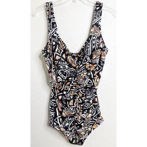 VTG Maxine Of Hollywood 22W (Fits 14/16) Tribal Ruched Blk/Brn 1 Pc Swimsuit NWT
